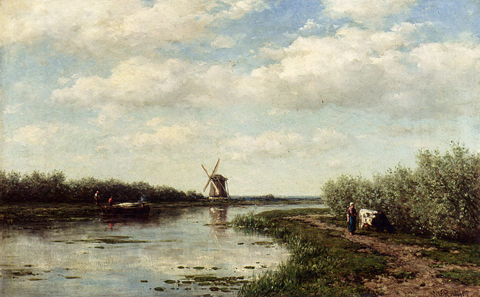 Oil Painting Reproduction of Roelofs- Figures On A Country Road Along A Waterway