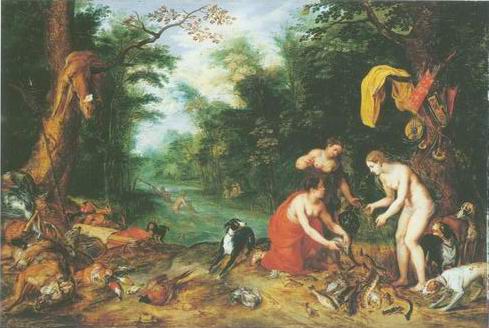 Diana and her nymphs inspecting their catch after painting, a Jan Breughel II paintings