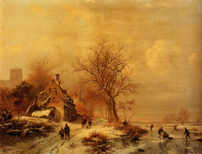 Oil Painting Reproduction of Kruseman- Figures In A Frozen Winter Landscape