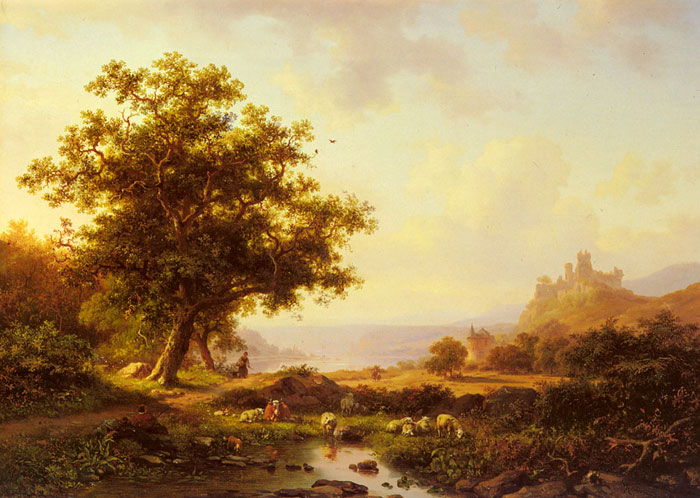 Kruseman Oil Painting Reproductions - An Extensive River Landscape With A Castle On A Hill Beyond