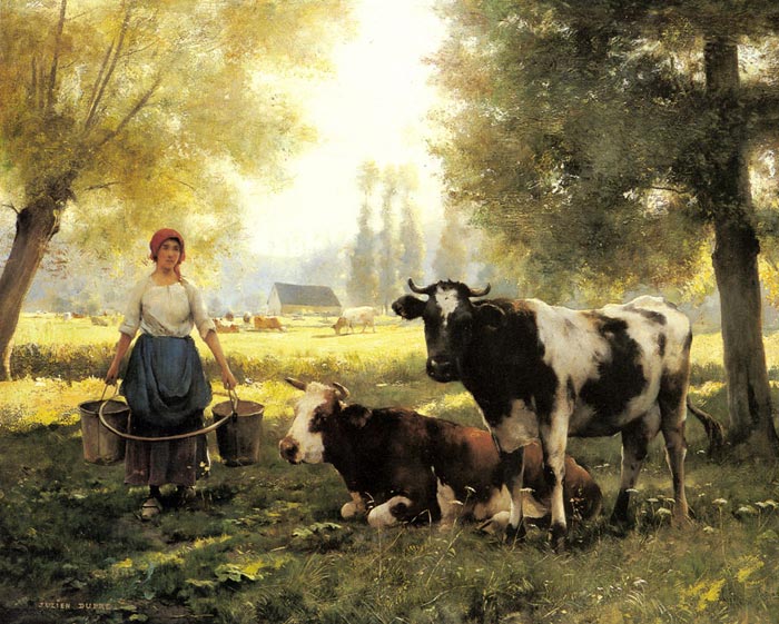 Oil Painting Reproduction of Dupre Julien - A Milkmaid with her Cows on a Summer Day