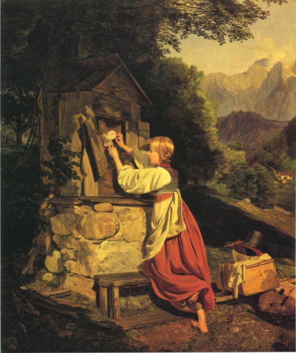 Waldmuller Oil Painting Reproductions- A Girl Putting a Rose on a Wooden House (An Old Game)