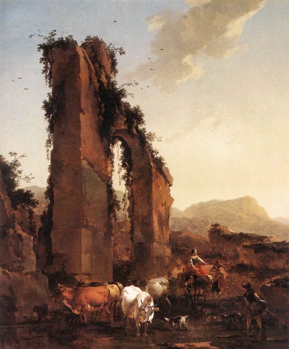 Berchem Reproductions - Peasants with Cattle by a Ruined Aqueduct