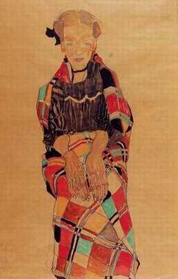 Girl in Black Pinafore, Wrapped in Plaid blanket painting, a Egon Schiele paintings reproduction, we