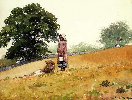 boy and girl at the hillside. painting, a Winslow homer paintings reproduction, we never sell boy