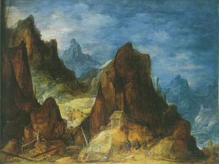 mountainous scenery , travellers near a hut painting, a Joos De Momper paintings reproduction, we