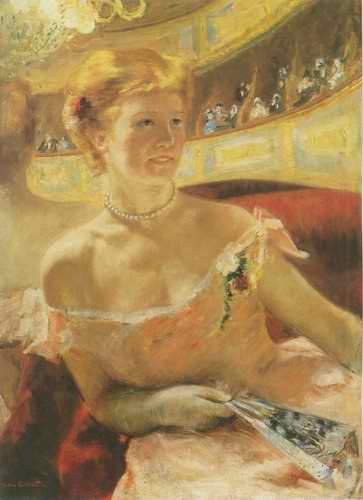 Lydia in a Loge Wearing a Pearl Necklace painting, a Mary Cassatt paintings reproduction, we never