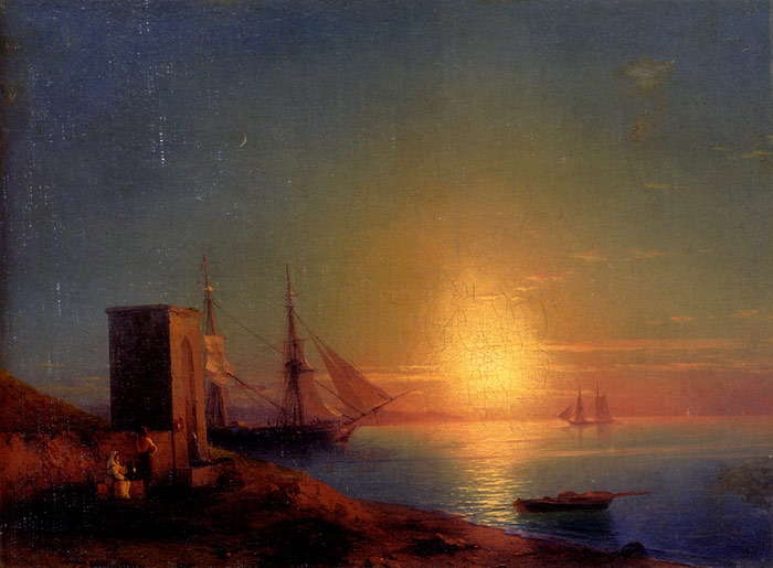 Oil Painting Reproduction of Aivazovsky - Figures In A Coastal Landscape At Sunset