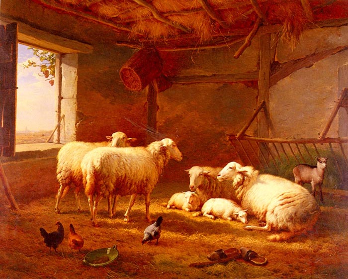 Verboeckhoven Oil Painting Reproductions - Sheep With Chickens And A Goat