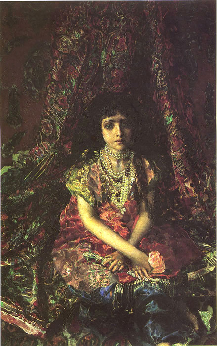 Vrubel Oil Painting Reproductions - Portrait of a Girl Against a Persian Carpet