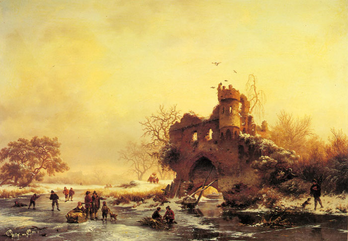 Oil Painting Reproduction of Kruseman - Winter Landscape with Skaters