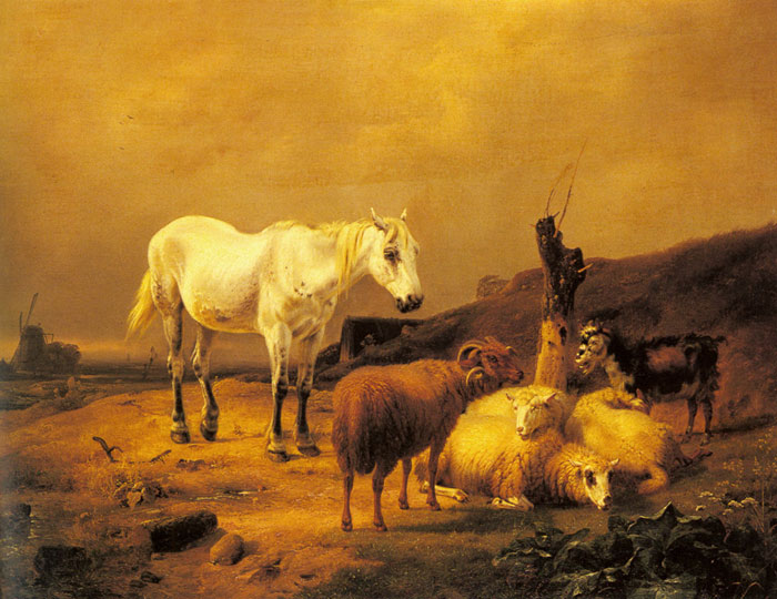 Verboeckhoven Oil Painting Reproductions - A Horse Sheep and a Goat in a Landscape