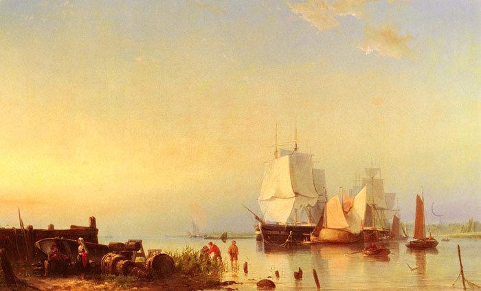 Koekkoek Oil Painting Reproductions - Three Mast Ships at Anchor