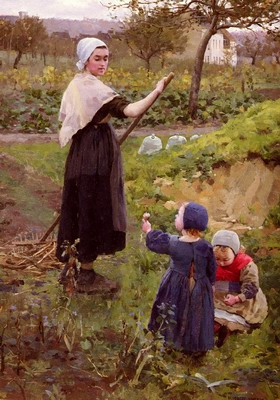 A Mother With Her Daughters In The Kitchen Garden