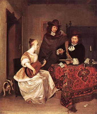 A Young Woman Playing A Theorbo To Two Men