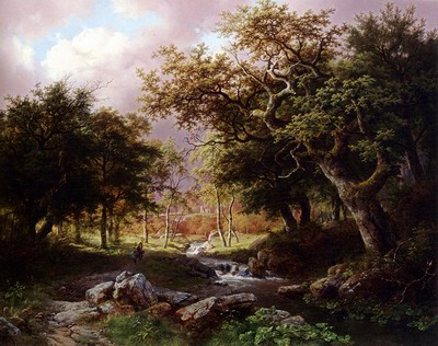 A Wooded Landscape With Figures Along A Stream