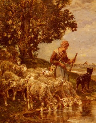 A Shepardess Watering Her Flock