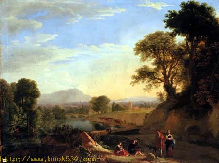 An Italianate river landscape with travellers