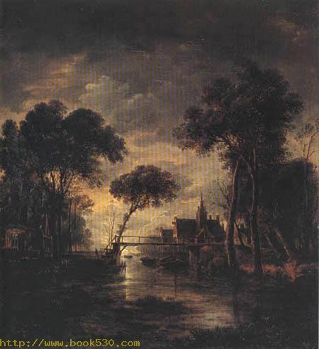 Canal with Wooden Bridge by Moonlight