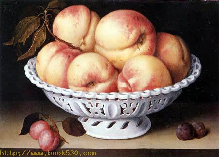 Still life with peaches in a white porcelain basket