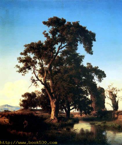 Wooded river landscape with hunts