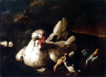 A hen and chicks in a landscape