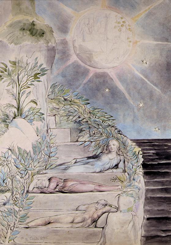 Dante and Statius sleep while Virgil watches (Leah and Rachel in the Moon)