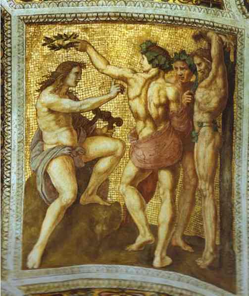 Oil painting:Apollo and Marsyas (ceiling panel). 1509