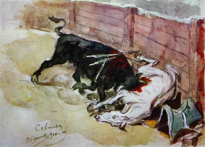 Oil painting:Bull Battle. Seville. 1910
