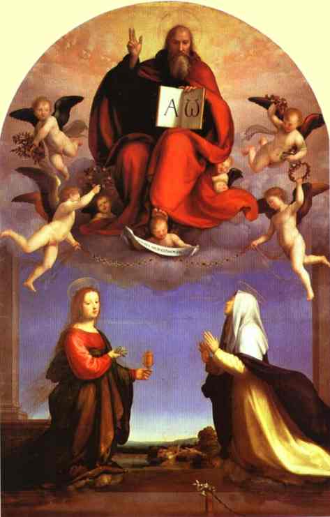 Oil painting:God the Father in Glory with St. Mary Magdalene and St. Catherine of Siena. 1509