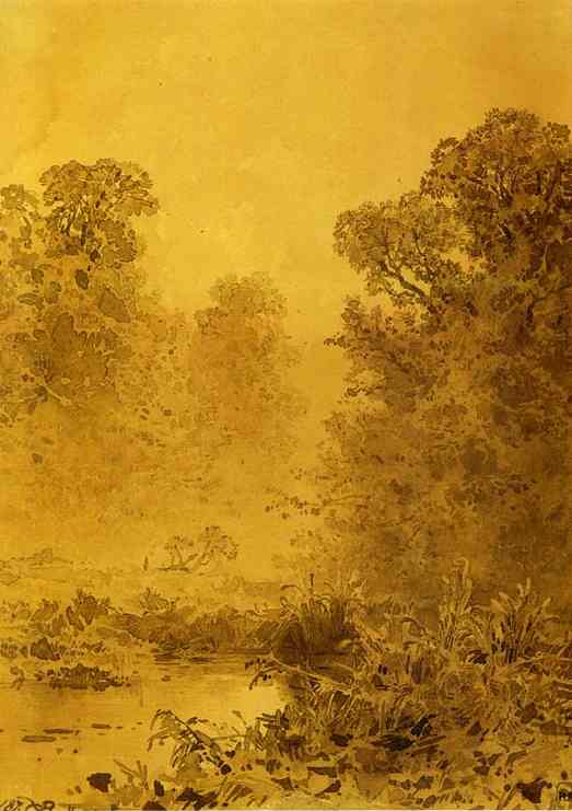 Oil painting:Swamp in a Forest. Mist. 1873