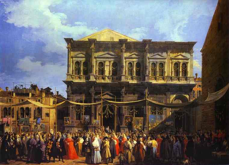 Oil painting:The Doge Visiting the Church and Scuola di San Rocco. c. 1735