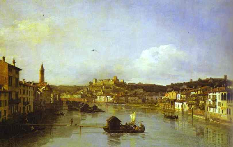 Oil painting:View of Verona and the River Adige from the Ponte Nuovo. 1747