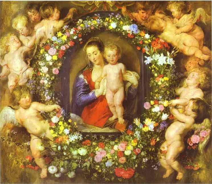 Jan Bruegel the Elder and Peter Paul Rubens. Madonna in a Garland of Flowers. (The garland was paint