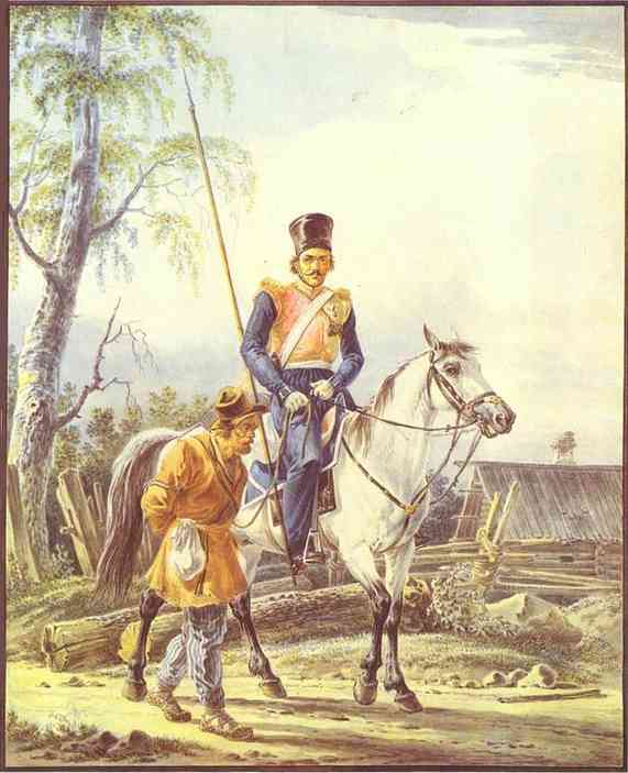 Oil painting:A Mounted Cossack Escorting a Peasant. 1820