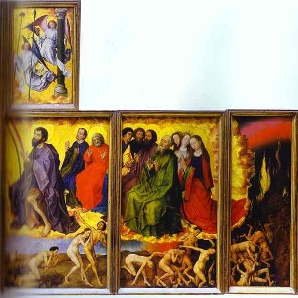 Oil painting:Beaune Altarpiece, interior showing the Last Judgment. c.1450