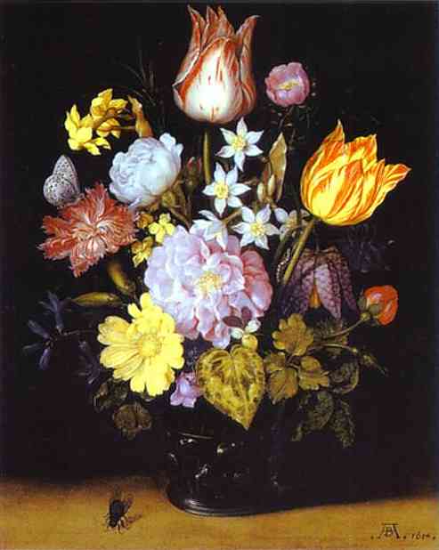 Oil painting:Flowers in a Glass Vase. 1614