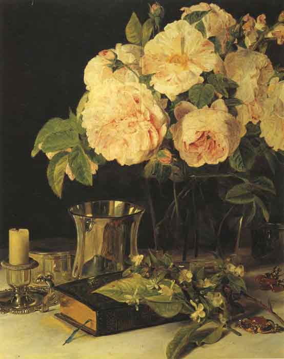 Oil painting for sale:Stilleben mit Rosen, Leuchter und Becher, 1831