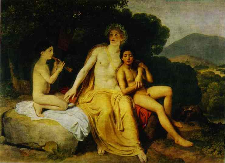 Oil painting:Apollo, Hyacinthus and Cyparissus Singing and Playing Music. 1831-1834