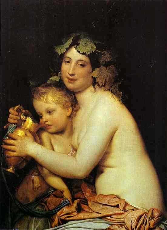 Oil painting:Bacchante Giving Wine to Cupid. 1828