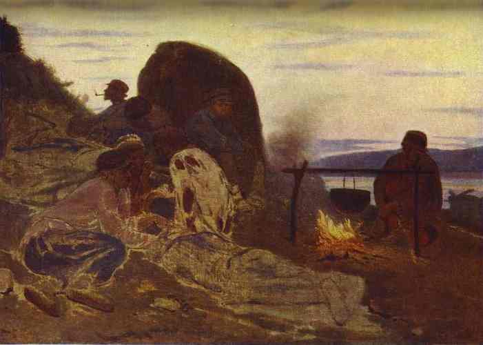 Oil painting:Barge Haulers by Campfire. 1870