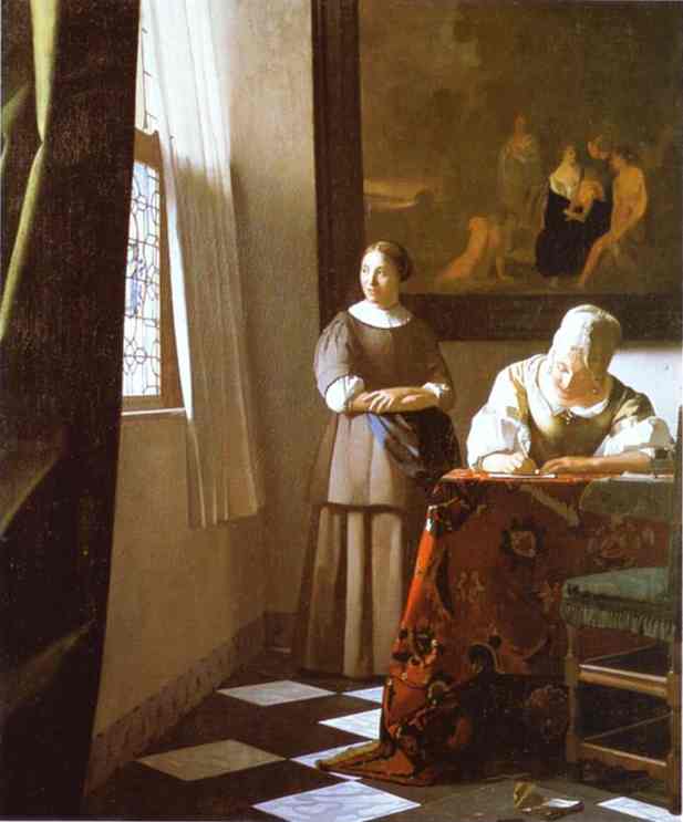 Oil painting:Lady Writing a Letter with Her Maid. c.1670