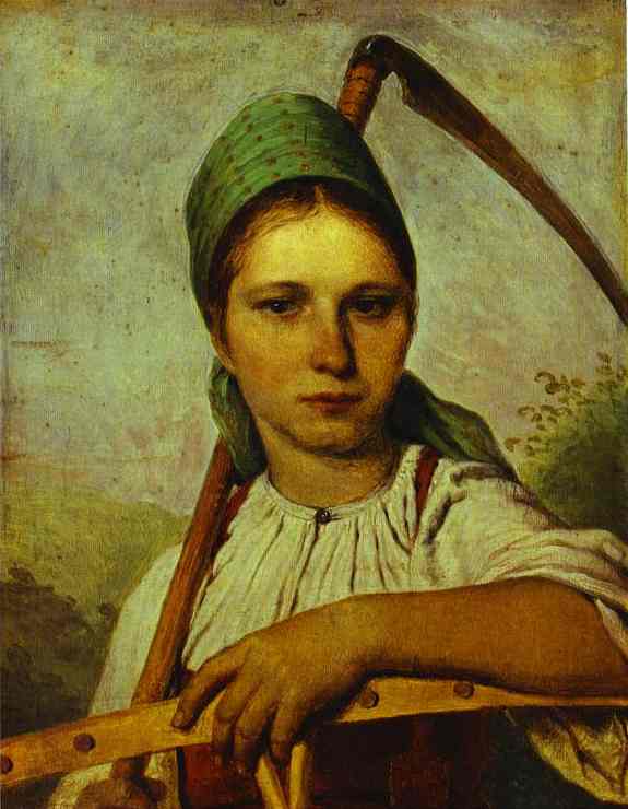 Oil painting:Pelageya. Peasant Woman with Scythe and Rake. About 1825