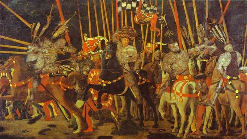 Oil painting:The Battle of San Romano. Right panel. c. 1454