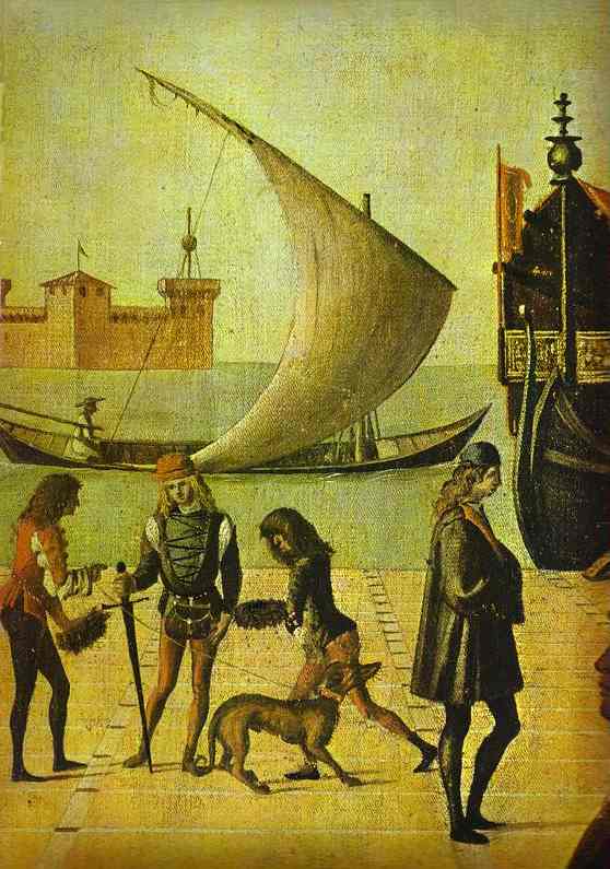 Oil painting:The Legend of St. Ursula: The Arrival of the English Ambassadors. Detail. 1495