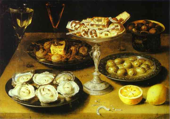 Oil painting:Still Life with Oysters and Pastries. c. 1610