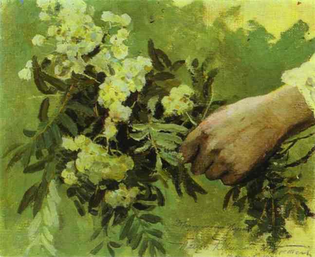 Oil painting:A Hand with Flowers. Study for the painting On the Hills. 1896