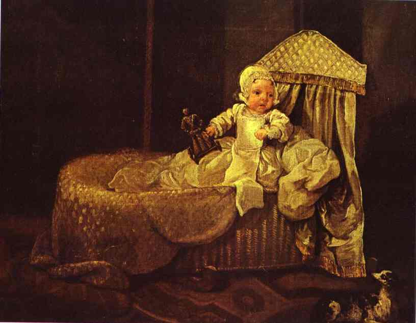 Oil painting:Gerard Anne Edwards in His Cradle. 1733