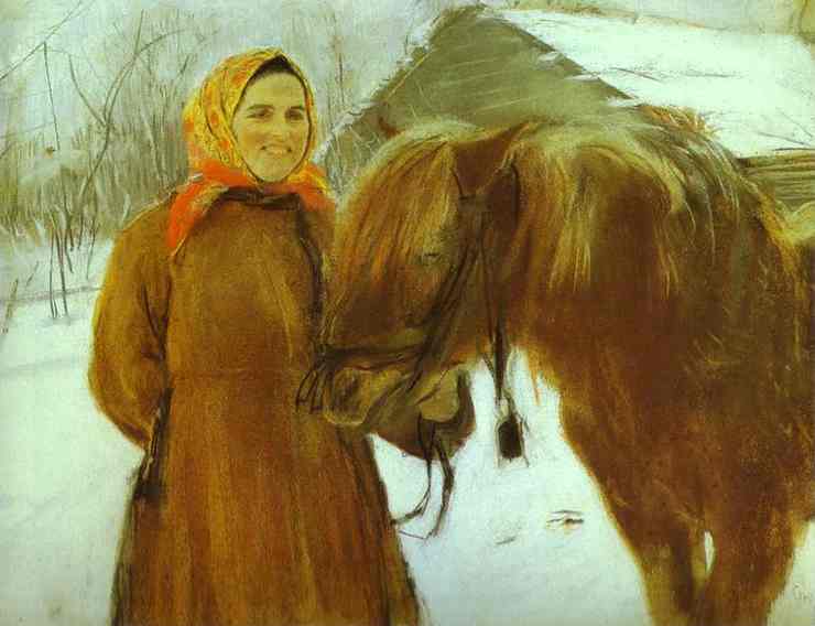 Oil painting:In a Village. Peasant Woman with a Horse. 1898
