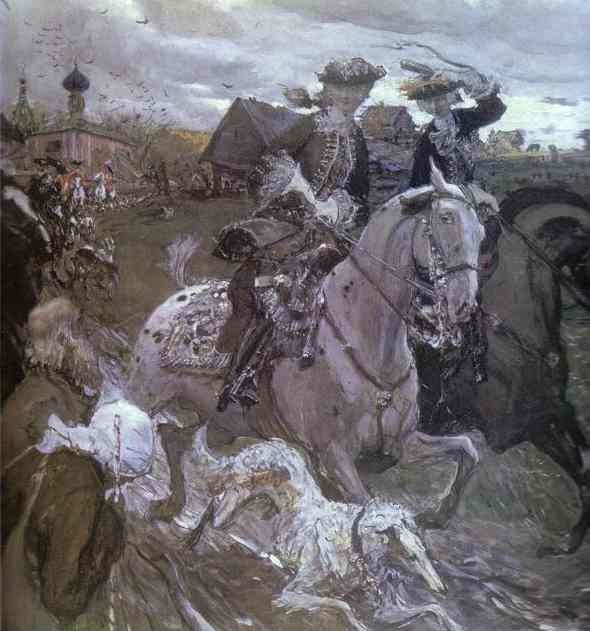 Oil painting:Peter II and Princess Elizabeth Petrovna Riding to Hounds. 1900